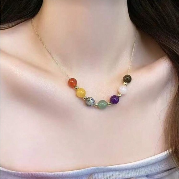 Free People Chakra Natural Gemstones Beaded Necklace with Dainty Gold Chain - Picture 3 of 8